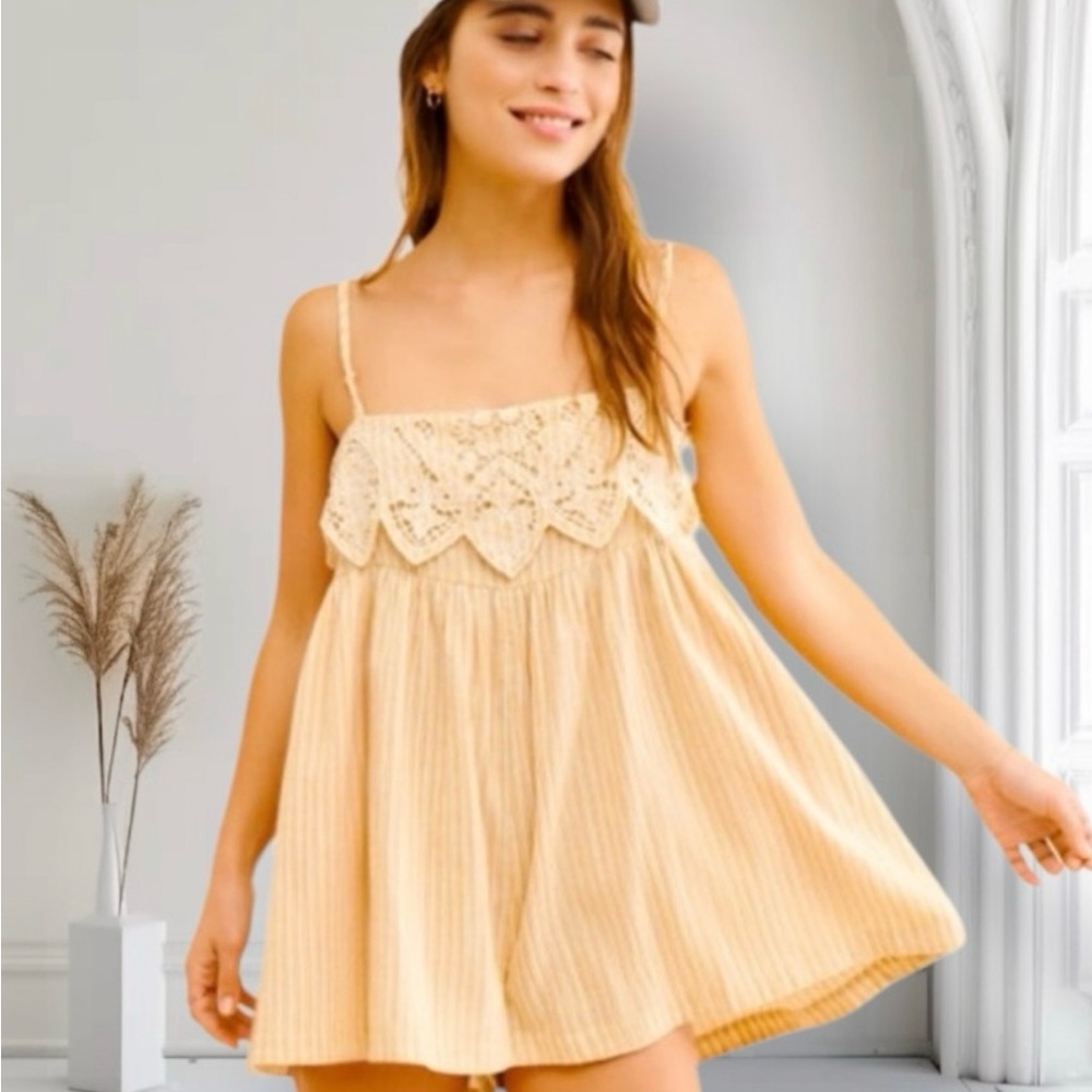 NWOT Free People Collina striped romper in tan, size small